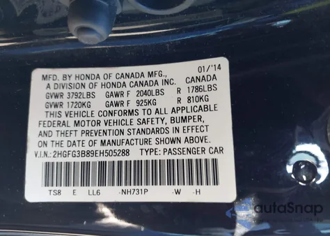 2014 Honda Civic Ex from USA, damaged, VIN 2HGFG3B89EH505288